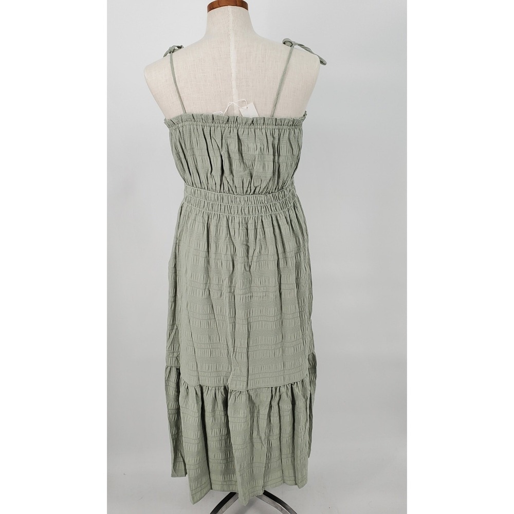 Lulus Enjoy the Day Womens Large Sage Green Tie Strap Midi Dress Elastic Waist - Picture 2 of 6